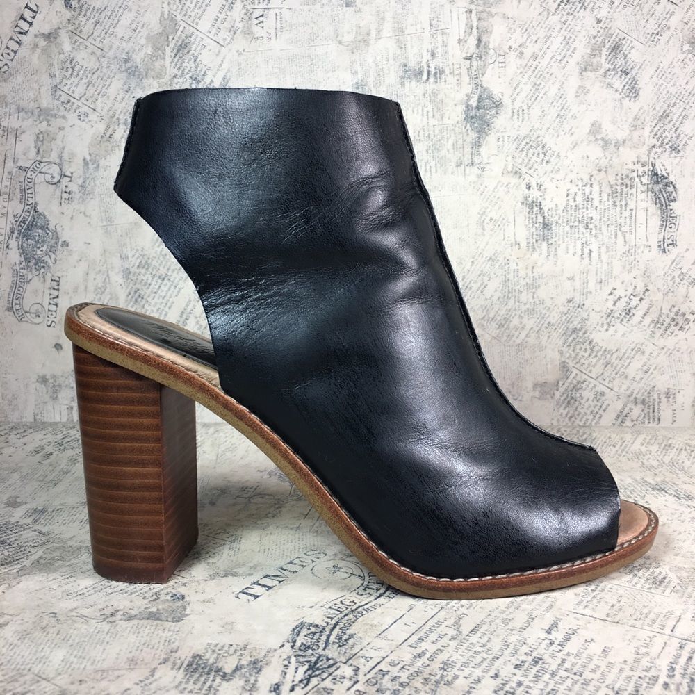 Madewell Fay Black Leather Peep Toe Heeled Sandals Block Heel Zip Womens
